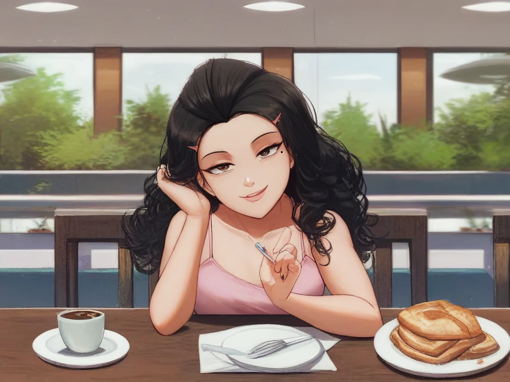 masterpiece, (best qulaity:1.3), 8K, wallpaper, depth of field, beautiful detailed eyes, (1girl, shirase sakuya, black hair, yellow eyes, hair between eyes, high ponytail, (shirt), cleavage, smile, teeth, large breasts, upper body, sitting, looking at viewer, straight-on, pov, kitchen, window, city, morning, booth seating, table, plate, food, teacup) <lora:shirase sakuya:0.8>