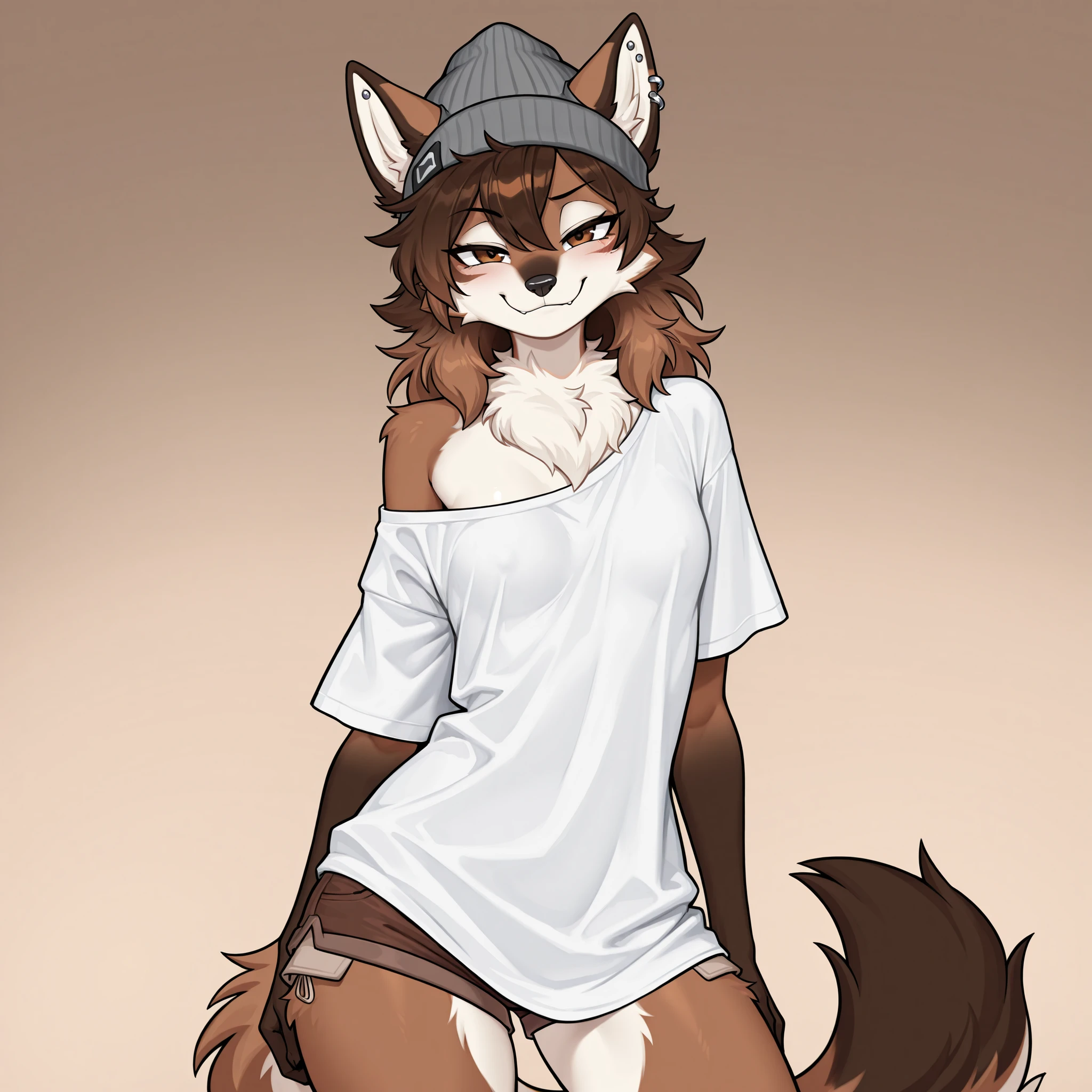 Solo, male, fox, grey fur, grey body, yellow eyes, detailed eyes, detailed hands, brown hair, medium hair, messy hair, short, slim, weak, unathletic, bony, stinky, smelly, sweaty, sweat, steam, steamy, dirty white shirt, ripped black jeans, by glitter trap boy, by darkgem, by buta99, by bebebebebe, bulge, smirking, evil expression, licking lips, rape face