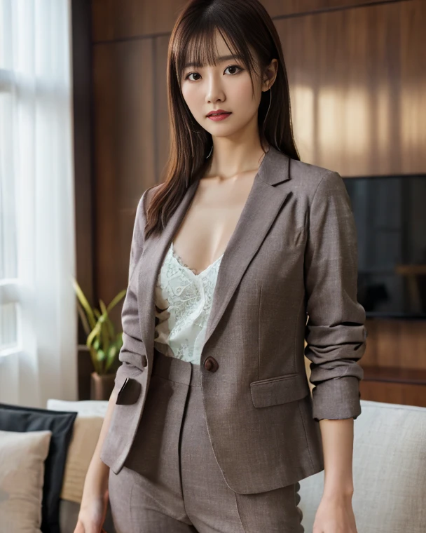 absurderes, Raw photo, Extremely delicate and beautiful, masutepiece, Best Quality, Ultra High Resolution, 16 K, hyper realisitic, Ultra-detailed, Perfect Anatomy, Ultra-detailed細なスキン, Perfect figure, Very detailed CG 8k wallpaper, in her 20s, Very slim body, Narrow waist, Very small head, Very small face, Delicate facial features, tear moles, Earring, thin legs, (very massive round chest), 1 rapariga, (Full body shot), Bare legs, Short hair, Wavy Hair, light brown hair, ((Sweat)), Pleated skirt, (((Suit))),