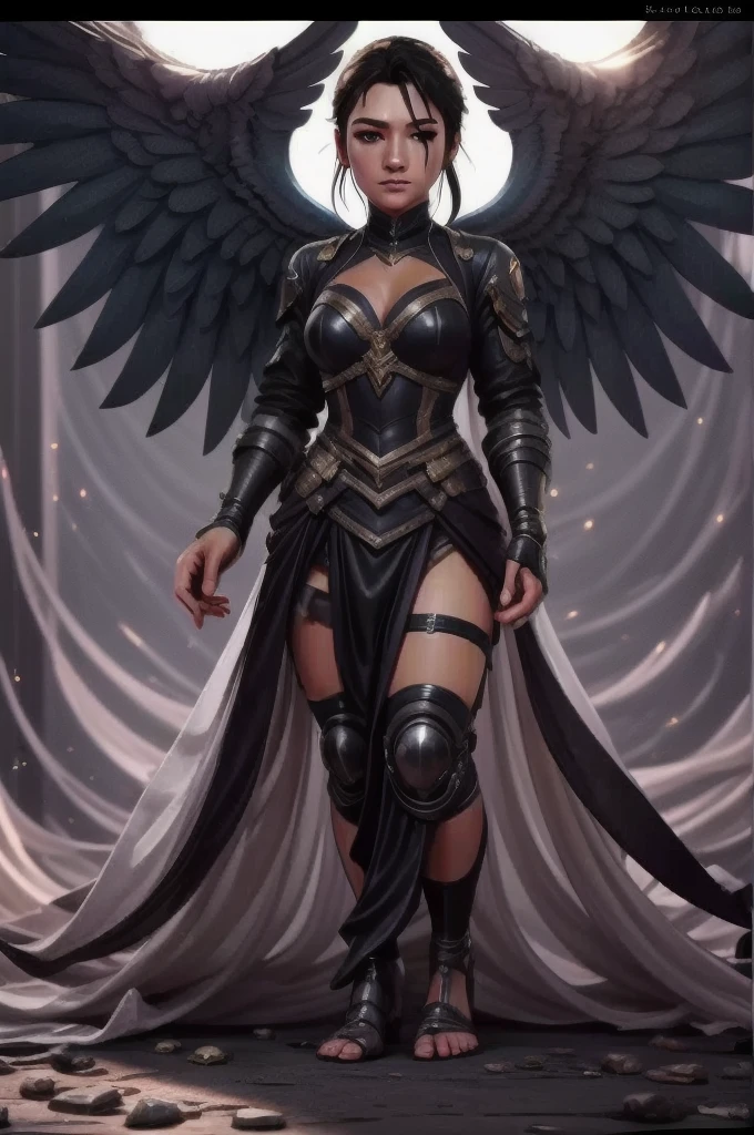 (best quality:1.2, ultra-detailed, realistic:1.37), black feathers, realistic portrait of a giant crow, dark and mysterious artistic style, intense lighting, vibrant colors