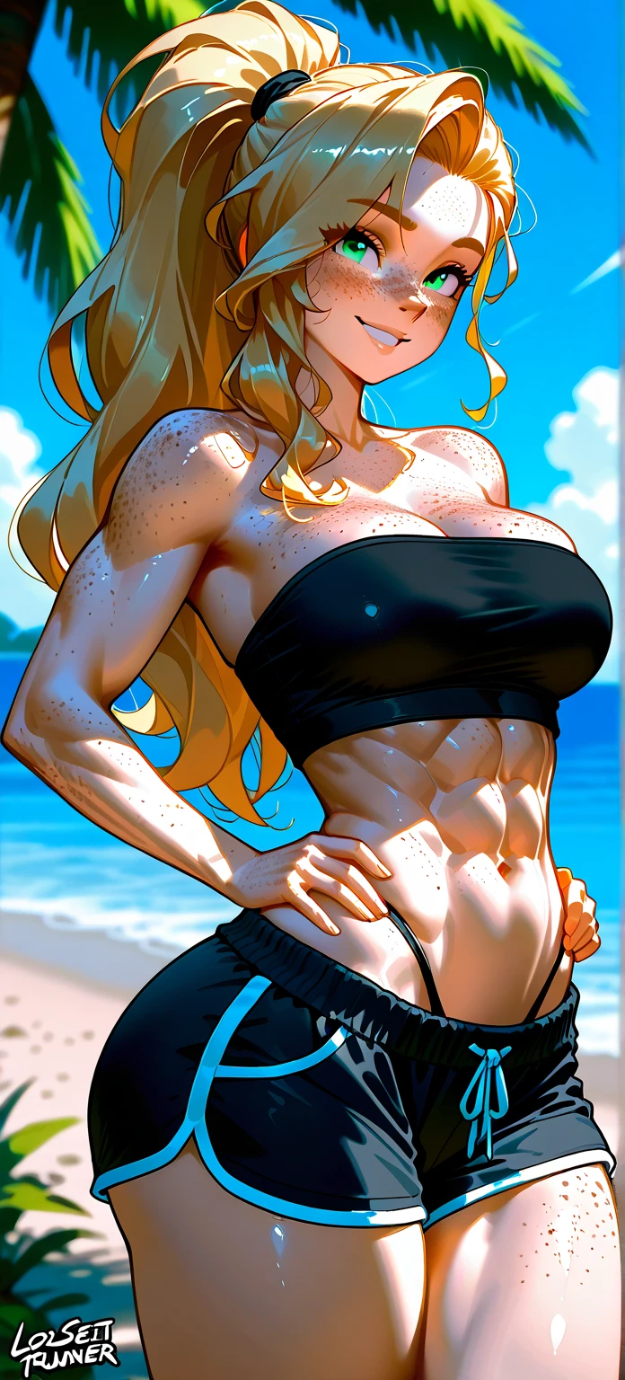 There is a young girl posing for a photo on the beach, (same face in the photograph) naked, blonde, fitness body, ABS, toned legs,round buttocks and fitness, flat chest,expanded neck, tanned body, unclothed, with sunglasses, exposed tits, exposed chest, exposed vagina, nothing covers his torso, is 100% naked y sexi, the girl has a shaved vagina.