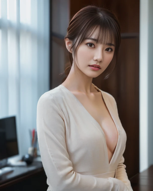 Beautiful lawyer, (Solo, 40 years old, detailed face, Detailed lips, detailed eyes, Brunette Bob Hair, Black Blazer, White dress shirts, Tight micro mini skirt), Reading at her desk, at the library, (perfect body), (smalll breasts:1.1), cleavage, face perfect, Perfect image realism, detailed costume, maikurobikini, Shirt unbuttoned, Lewd librarian, Hyper-Realism, Photorealsitic, unrealengine, 8K maximum resolution, (masterpiece), highly detailed, Professional