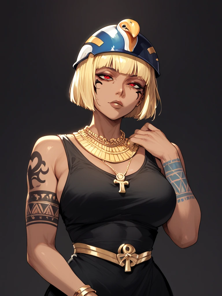 mature woman dark skin, red eyes, short blonde hair ,black marks under the eye , golden necklace, black dress,tattoo on arm, black and white egyptian penguin hat ,Egyptian style, 90s anime style