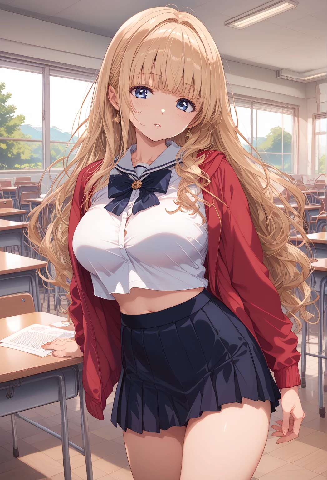 masterpiece, best quality, highres, hmmisaki, long hair, symbol-shaped pupils, +_+, large breasts, tokiwadai school uniform, red bow, white shirt, collared shirt, blazer, white gloves, long sleeves, plaid skirt, white thighhighs, <lora:shokuhou_misaki_v2:0.7>, cowboy shot, standing, smile, couch, sitting