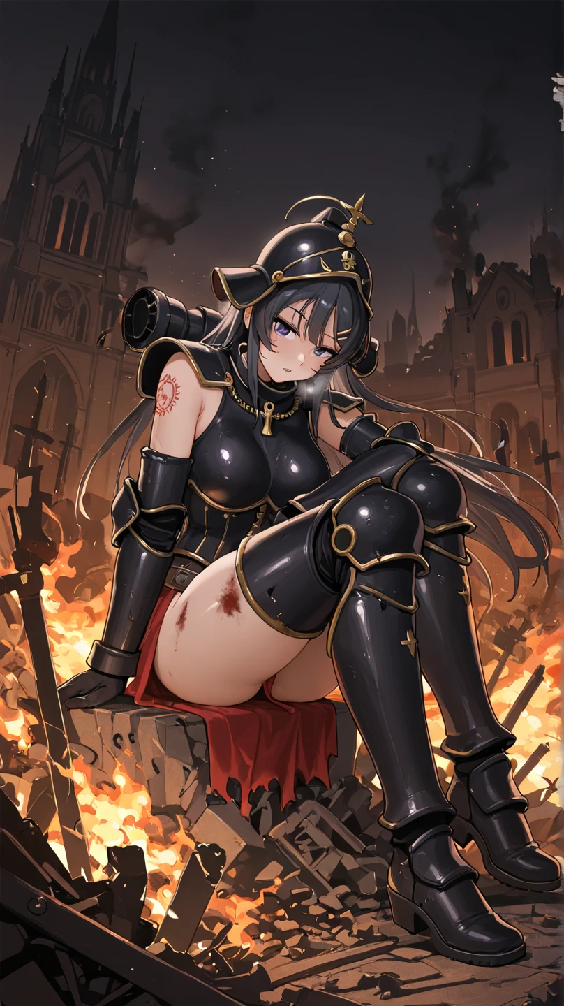 A female knight, wounded, scared face, badly torn-damaged clothes, almost naked, equipment around her, full body, defeated, bare chest , tears, cum, , laying, full body, after rape, , cum dripping from vagina, in tent, surrounded by goblins, metal armor