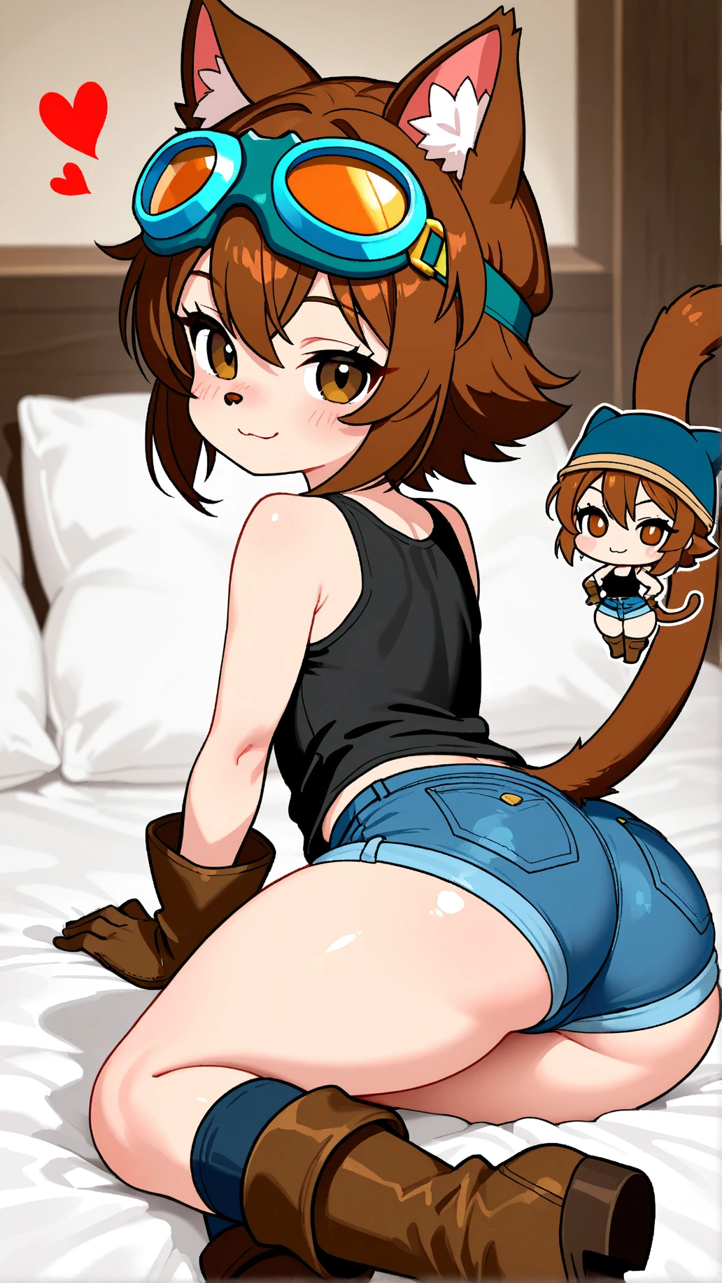 tennis girl's massive rear butt cheeks out of bottomless slutty mini sweater out bare and brown boots, showing her butt, lying down, on bed, wearing oven mittens under big pillow, blindfold
