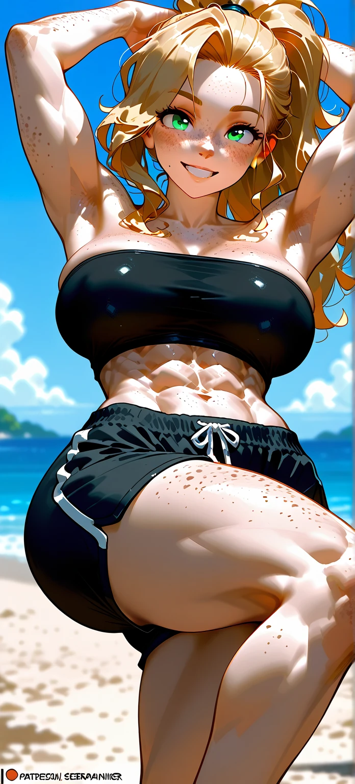 、(masterpiece、Highest quality)、Highest quality, Ultra-high resolution, (((masterpiece))), alone, Sweat、Big eyes, Composition from the front、Shortcuts、Embarrassed face、Bronze colored hair、Cut your hair short、Ocean、beach、Black Micro Bikini、belly button、short hair、(Bronze colored hair)