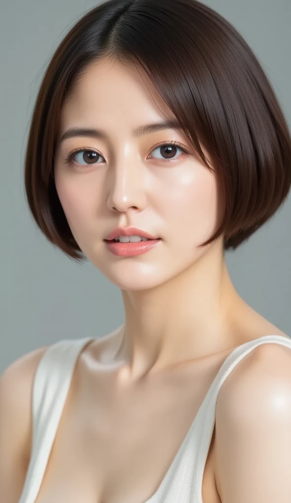 (Highest quality、Tabletop、8K、Best image quality、Award-winning works)、((profile:1.4))、ear、((short hair:1.46)),(Brown Hair)、(White casual clothes:1.2)、(The simplest pure white background:1.3)、(Perfectly fixed in front:1.1),(Portrait with Space:1.2)、Beautiful and exquisite、Perfect Makeup、Ultra-high definition beauty face、Ultra HD Hair、Ultra HD Shining Eyes、Super high quality glossy lip、Accurate anatomy、Very beautiful skin、(Pure white skin shining in ultra-high resolution:1.1)、(Very bright:1.2),Big Natural Color Lip、Lip gloss,Harajuku、cute、cute美人