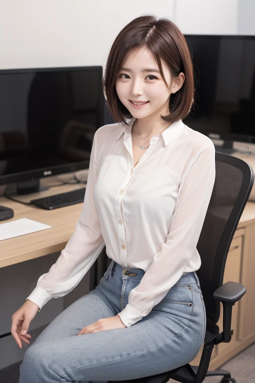 Highly detailed CG Unity 8k wallpaper, of the highest quality, super detailed, masutepiece, Realistic, Photorealistic, extremely detailed cute girl, 25 years old, (Mini skirt denim), (white shirt) , Smile, Parted lips, Round eyes, Large breasts, viewer, Half body shot , Office , Sitting , ((Showing panties)) , bob cuts , low angle shot