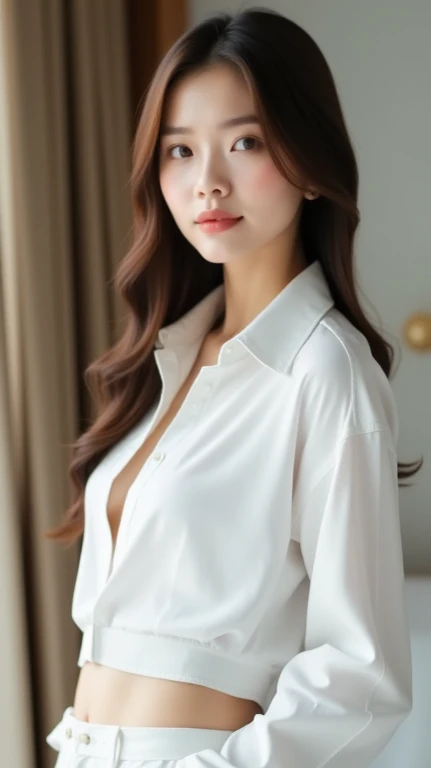 (Highly detailed CG Unity 8k wallpaper)、(masterpiece)、(top-quality)、(ultra-detailliert)、(The best illustrations)、(Best Shadows)、fully body photo、超A high resolution、(Photorealsitic:1.4)、One girl at home、( (Very oversized shirt、buttoned shirt、open-shirt))、(Men's shirts)、no-bra、鎖骨、(small tits:1.2)、small nipple、(The long-haired:1.2)、Looking at the camera、Light smile、The upper part of the body、makeup、、