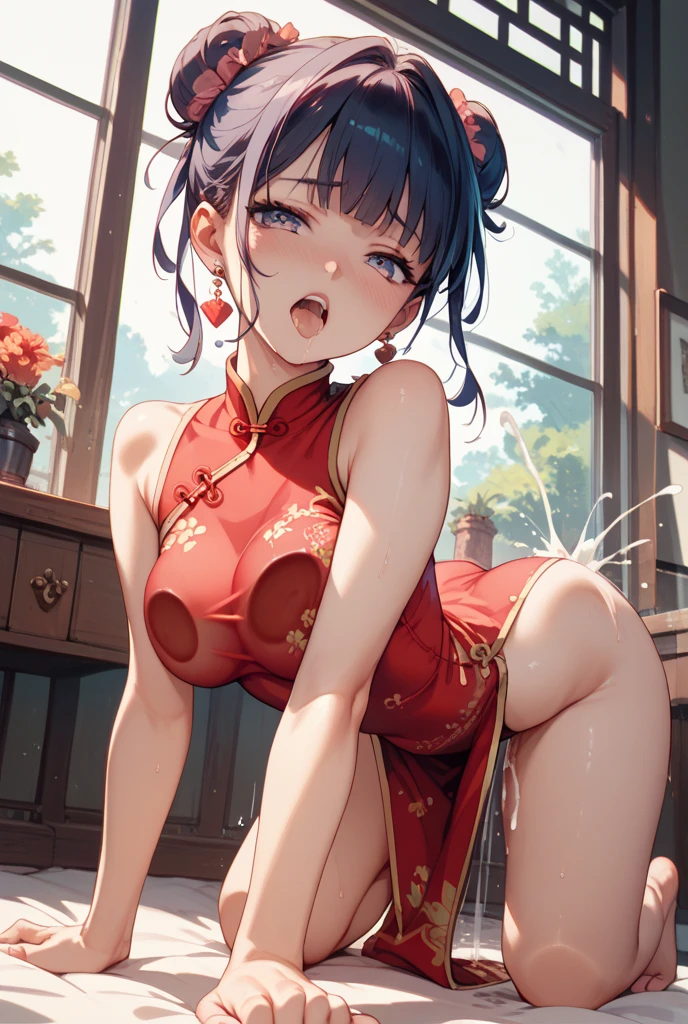 ultra high res, best quality, 8k official art,figure,very detailed,anime color,perfect hands, perfect fingers, perfect legs),(cowboy shot,From front,1girl,solo,idolmaster,(minako satake) ,(17years old, beautiful girl), (beautiful blue eyes),(((beautiful light brown hair))), (((short ponytail hair))), (wet hair), (wet skin), ((Sweat)), ((vapor)), (flat chest,very large breast),(many sweat:1.5),(pubic brown hair:1.3),(from below),cooking Chinese dinner at Chinese restaurant ,nude apron,
