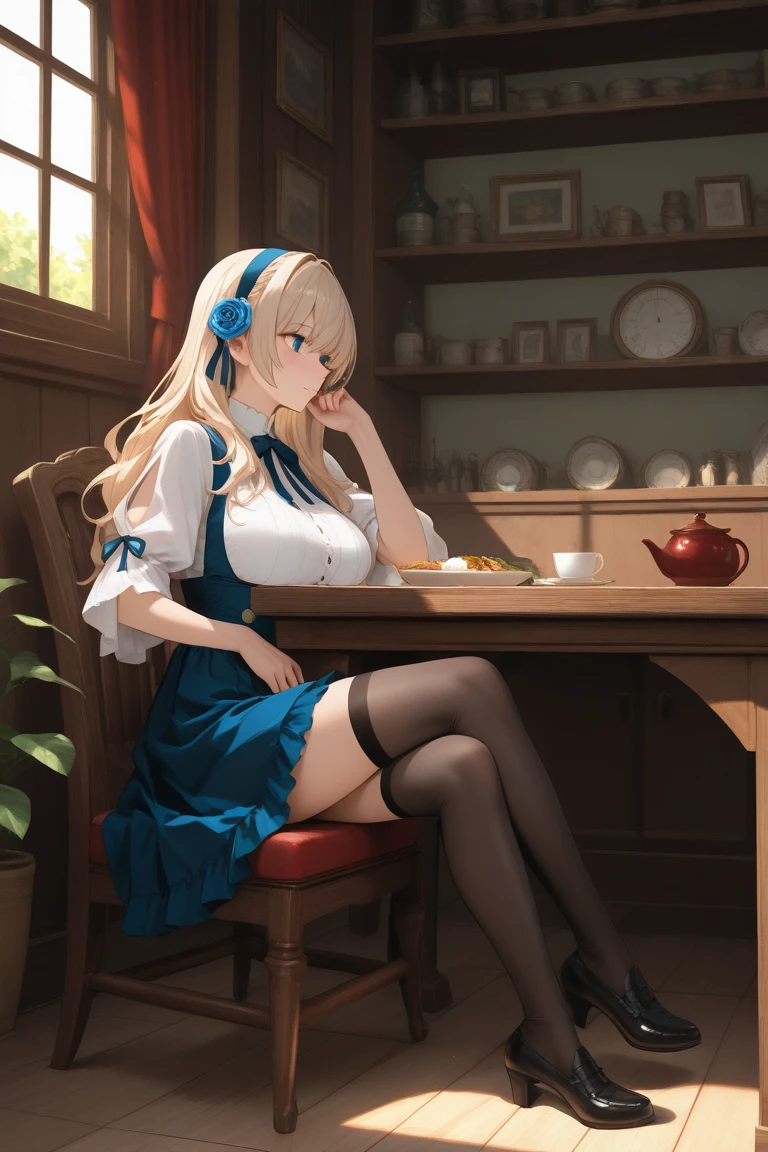 1 girl, ((masterpiece)), ((best quality)), Amazing, beautiful detailed eyes, finely detailed, depth of field, extremely detailed CG unity 8k wallpaper, full body, hifumi (Blue Archive), sitting, cafe, blush, halo, smile, (ultra-detailed),(detailed light), (sunlight),