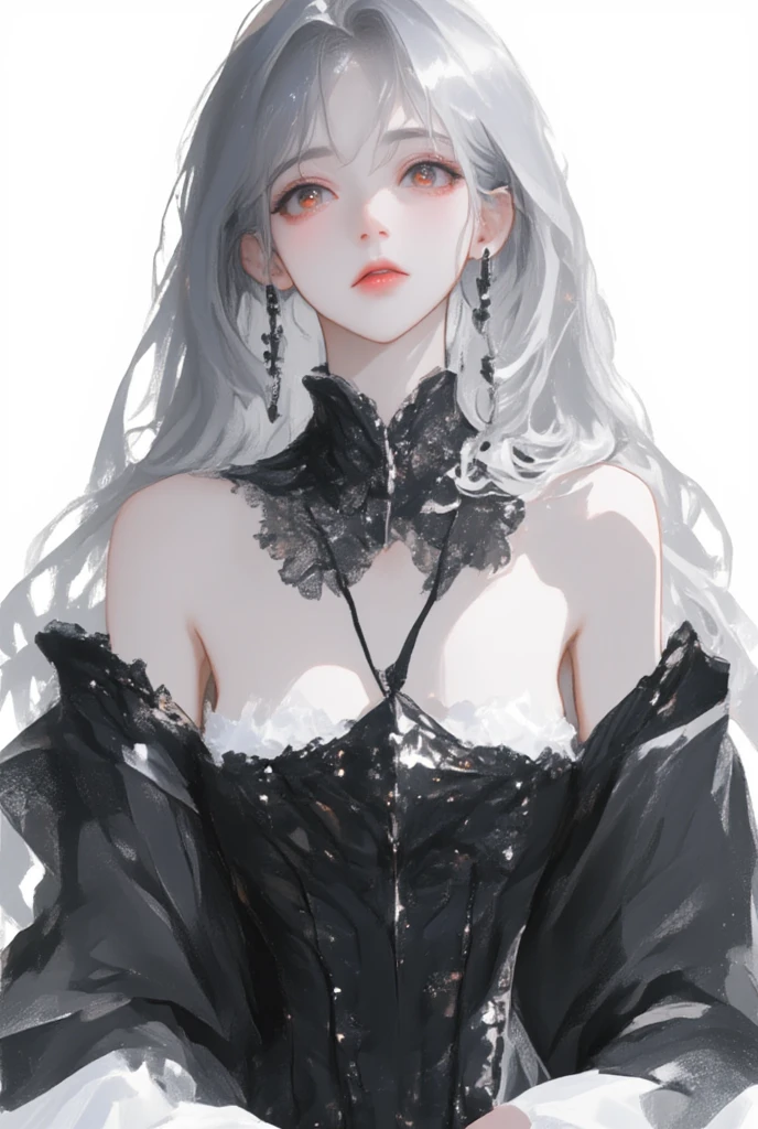 Close-up of a woman wearing a black dress posing for a photo, elegant cinematic pose, Pale porcelain white skin, Tifa Lockhart white hair, Anime girl in black skirt, pale-skinned, photorealistic anime girl rendering, Long, flowing hair, dark black porcelain skin, gothic maiden anime girl, Elegant lady with alabaster skin