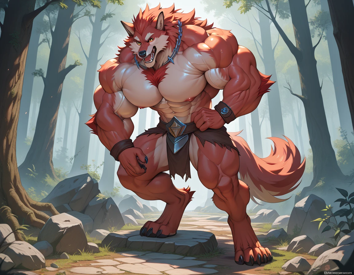 ultra-detailed, masterpiece, masterwork, high quality, best quality, hdr, posted on e621, (by darkgem), (nature), nsfw, (male), solo, chibi, (red little body werewolf), werewolf, (long golden hair, yellow eyes, white chubby body), stylish pose, standing, dynamic angle, (nude, long foreskin, pubic hair, micropenis, balls)