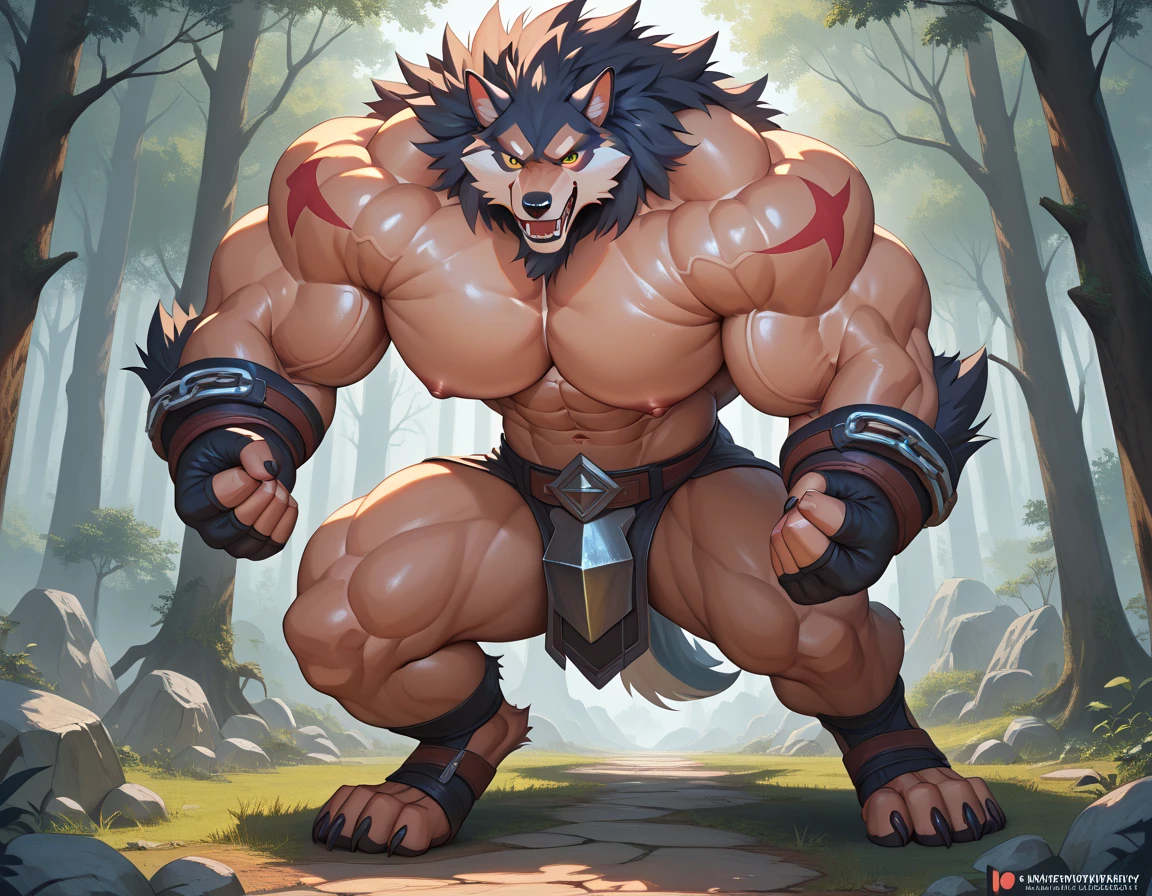 Solo, male (((giant, tall, wolf, werewolf, red eyes, grey body, Muscular, broad shoulders, hyper pecs, huge pecs, huge muscles, abs, muscular arms, muscular thighs, sharp teeth, black chest hair, black nose, tail, fangs, exposed teeth, clawed hands, clawed feet, big tusks, horns, big horns, body marking, red markings, black claws, scruffy cheeks, huge bulge))) forest, night, standing ((male focus, focus wolf, focus teeth)) rubbing stomach, detailed hands, detailed eyes, detailed face, detailed teeth, detailed tusks, detailed arms, detailed abs, detailed bulge, detailed snout, briefs, black briefs, big briefs, accurate tusk placement, perfect anatomy, by darkgem, by mystikfox61, by glitter trap boy