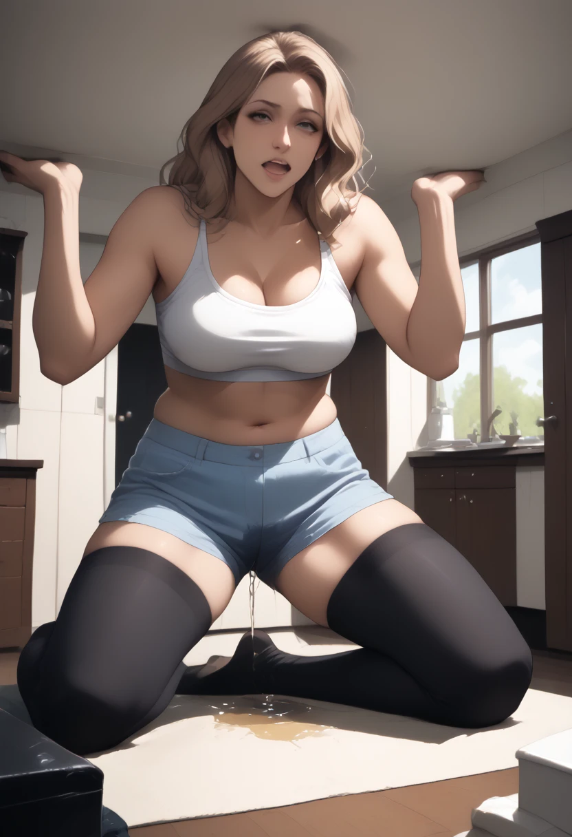 RAW photo, realistic,(minigts),(minigiantess),one woman, looking at viewer, head touching ceiling, full body portrait, inside, realistic, livingroom, 1girl, knees up, a tall minigiantess woman in a white-pink top and black pants sitting on a floor next to a plant and a chair, brown eyes, sitting, small breasts, indoors, one arm raised, kitchen, pants, solo, brunette hair, Mandy Moore, flustered face, (high detailed skin), 8k uhd, dslr, soft lighting, high quality, film grain, Fujifilm XT3,  full body portrait,