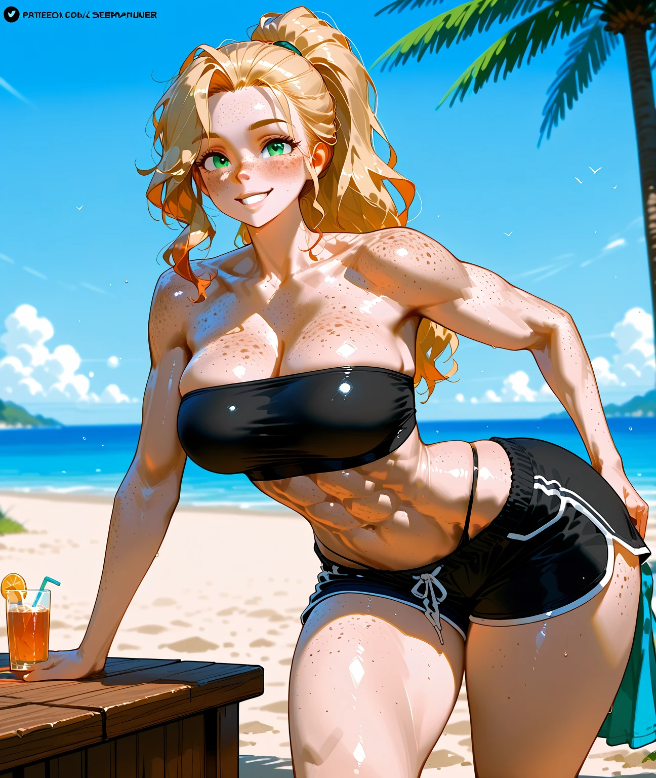 1girl, solo, 36-years-old, tan olive skin, short blonde hair, pony tail style, emerald eyes, eyeshadow, mascara, red lipstick, puckered lips, ((Wearing a flossing green bikini and sunglasses)), she's looking at the camera with a calm smile, walking, ((holding a beer can in one hand)), beautiful beaches, palm trees, beach resort, beach vacation, summer getaway, relaxed atmosphere, cinematic lighting, sunset, detailed background, (masterpiece), (best quality), (ultra-detailed), (best illustration), (best shadow), (an extremely delicate and beautiful)
