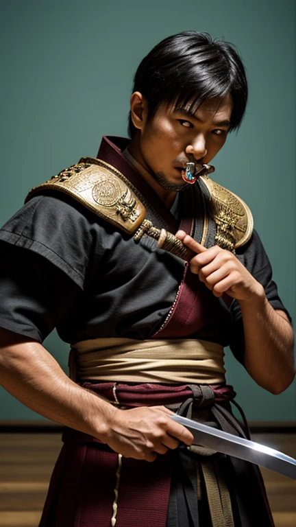 "(Paintings of the best quality, Unique and meticulous, Ultra-realistic 3D scenes), Futuristic style《star war》Scenes, Handsome 35-year-old Chinese male weapons expert with lightsaber, (Shirtless), Wear a translucent artisan apron and a bright gold translucent men's tong. Light and shadow intertwined, Dizzying。Incorporate the art of fashion, CGSociety trend, Professional photography and painting art。"