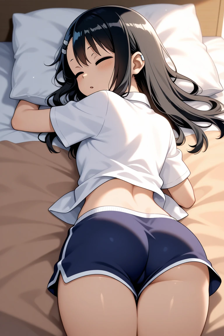 Semi-long black hair、a beauty girl、Brown eyes、Wearing white panties、Plain white T-shirt、NSFW、in a house、(natta)、
