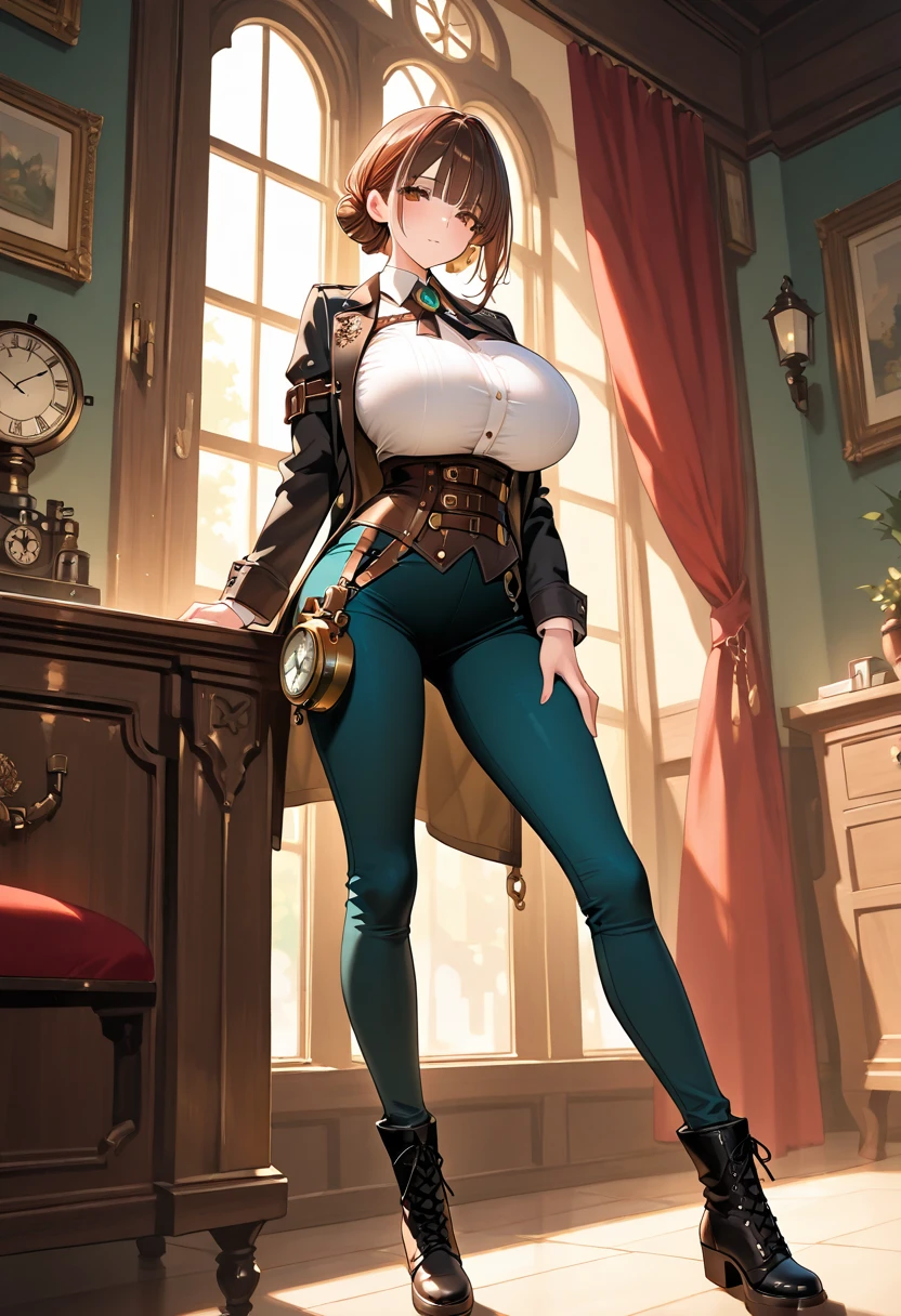 Big hips Elizabeth, huge boobs, (BioShock style), strapless tube top mini dress, jacket, corset, belts, face detailing, ultra quality,  stockings, strong stance 