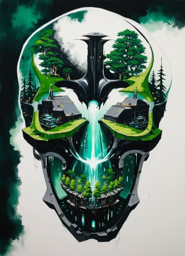 a skull with a waterfall in the middle of it and trees on top of it, and a forest in the background, Chris LaBrooy, detailed illustration, poster art, psychedelic art<lora:MindWarp:1.0>