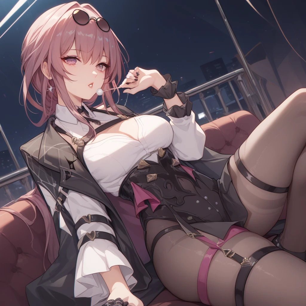 (masterpiece:1.2, best quality), 1girl, undercut hair, colored hair, pink eyes, head accessory, intricate coat, bra, black thighhighs, combat boots,