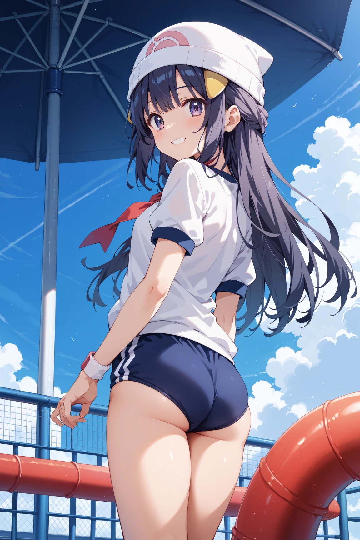 woman,14 years old,pool,noon,(((miniskirt school uniform))),,open mouth smile((leather thigh high boots))(See-through),(big butt),(()),blush、surprised face,((())),((turn around and look back))(wet with water)
