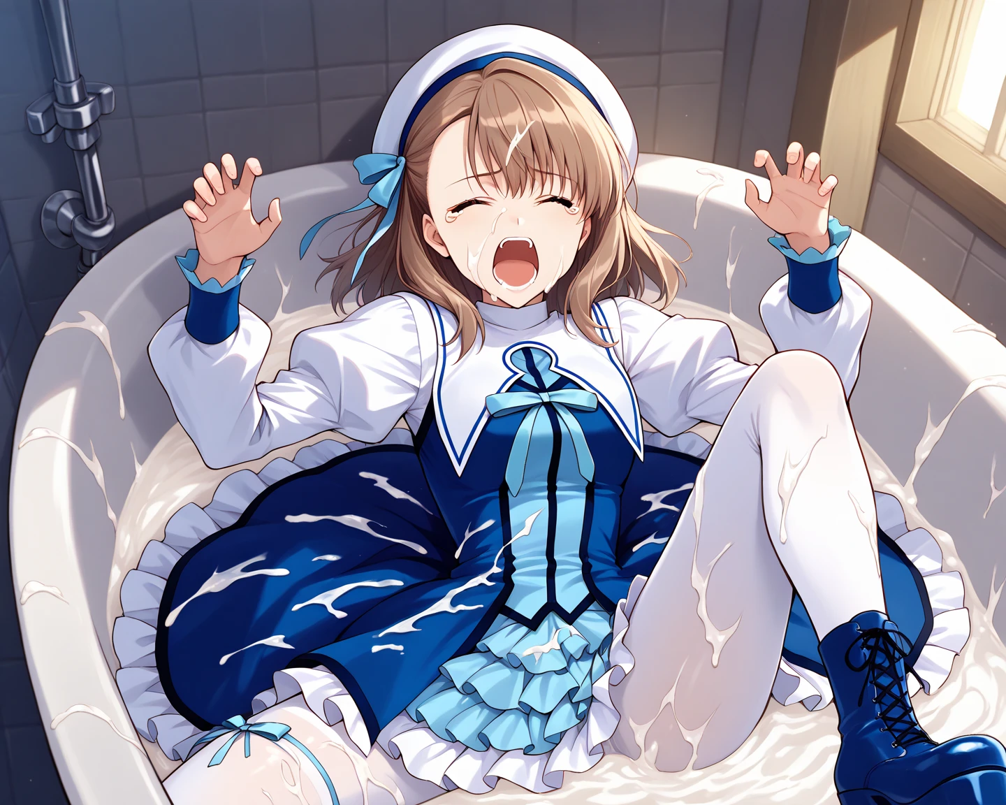 ((masterpiece, Side Lighting, finely detailed beautiful eyes: 1.2)), Super detailed, Ultra-high resolution, Professional Lighting, High quality makeup, beautiful detailed eyes, sexy, beautiful, Big eyes, Cowboy Shot, (Girl:1.3), hinatsuru ai, blue eyes, Black Hair, Brown Hair, Ridiculously long hair, Ahoge, Twin tails, Blue and white dress, Yellow ribbon, White Beret, smile, blush, wariza, Spread your legs,orgasm,blush, Sweat,White panties、Squat、Look at this、skirt、、Attacked by tentacles、Tentacles wrap around my legs、Tentacles in the crotch、Captured by tentacles、cry、shout、Ecstasy face、skirtの中の触手、Do not run away、Lying down、Torn clothes、skirtの下からスパッツが見えます、Spread your legs、Disheveled clothing、skirtをめくった、