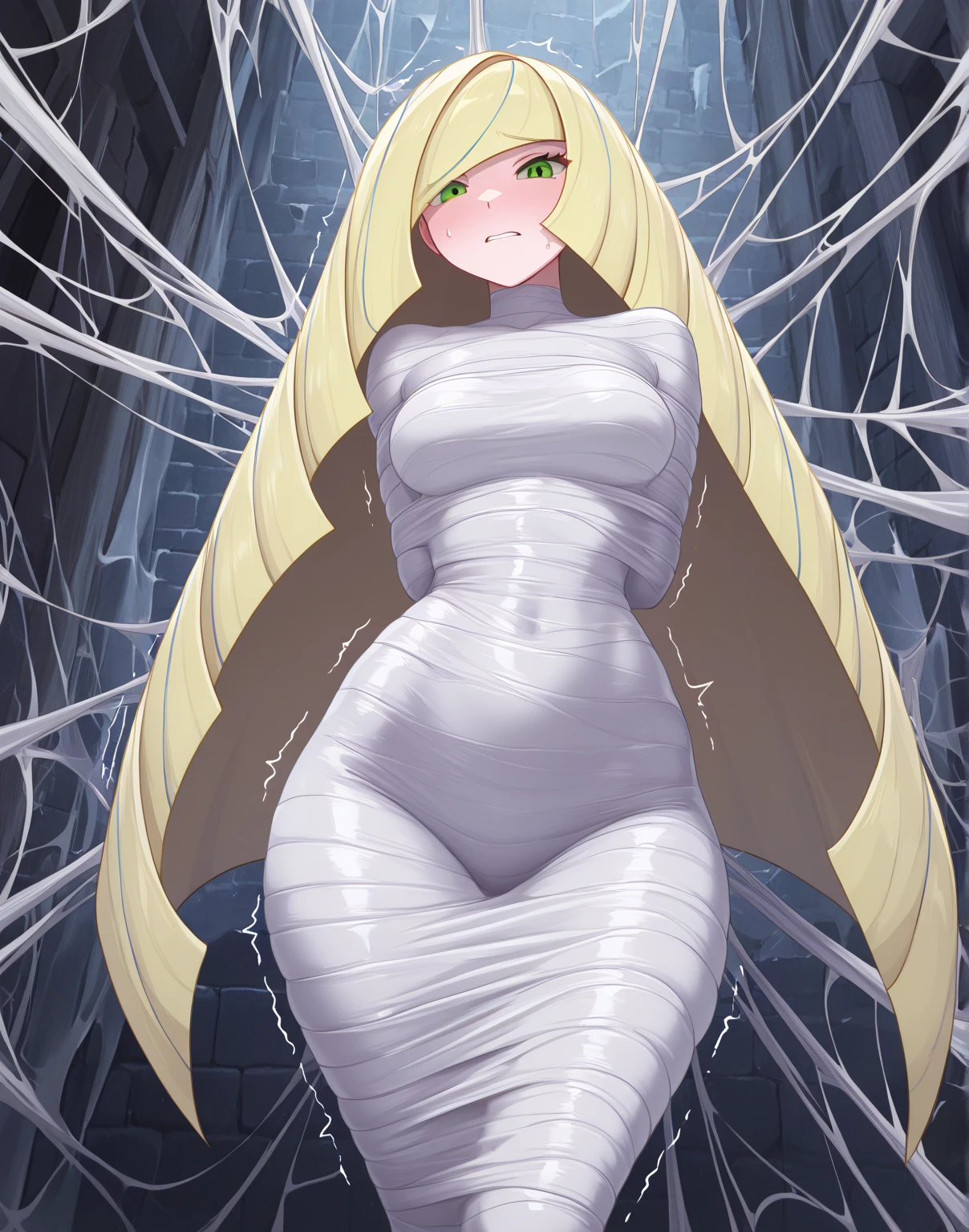 masterpiece, best quality, 1 girl, solo, looking at viewer, Yamanaka ino, length hair, floating hair,  (arms behind back:1.4), hanging,spiders in the web,long spider, desperate，struggle, entangled, embarassed face, despair,cocoon, screaming, outdoor, desperate expression