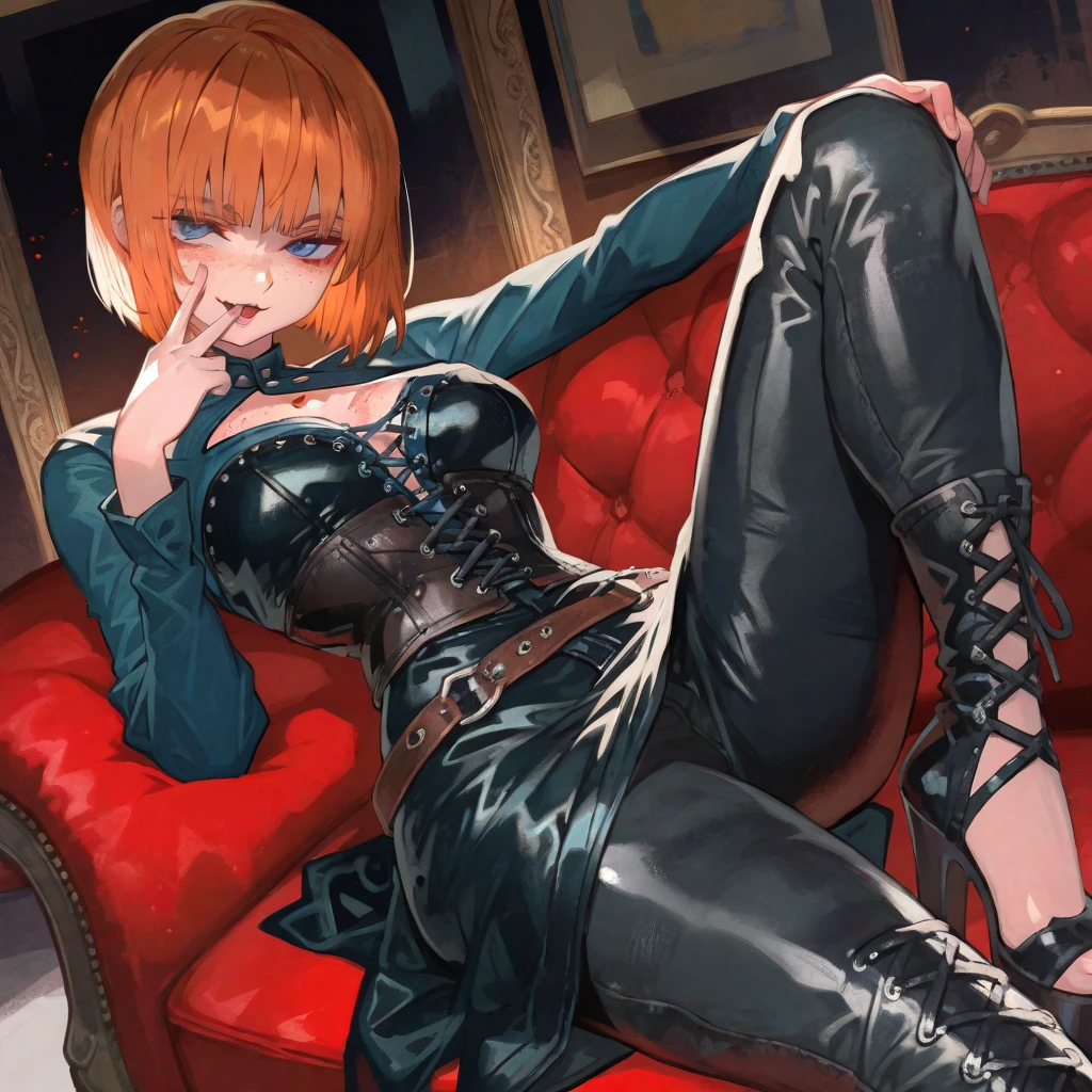 beste-Qualit、One girl、Red hair、Bob Hair:1.2、Inner curl、Red eyes、a smile、Metal necklace、Black dress:1.2、tetas grandes:1.1、Emphasis on the chest、Shoulder out:1.4、a short skirt、thighs thighs thighs thighs、View here、dim lighting、Private、Sit on a leather sofa、Angle from diagonally above、No people、Background blur