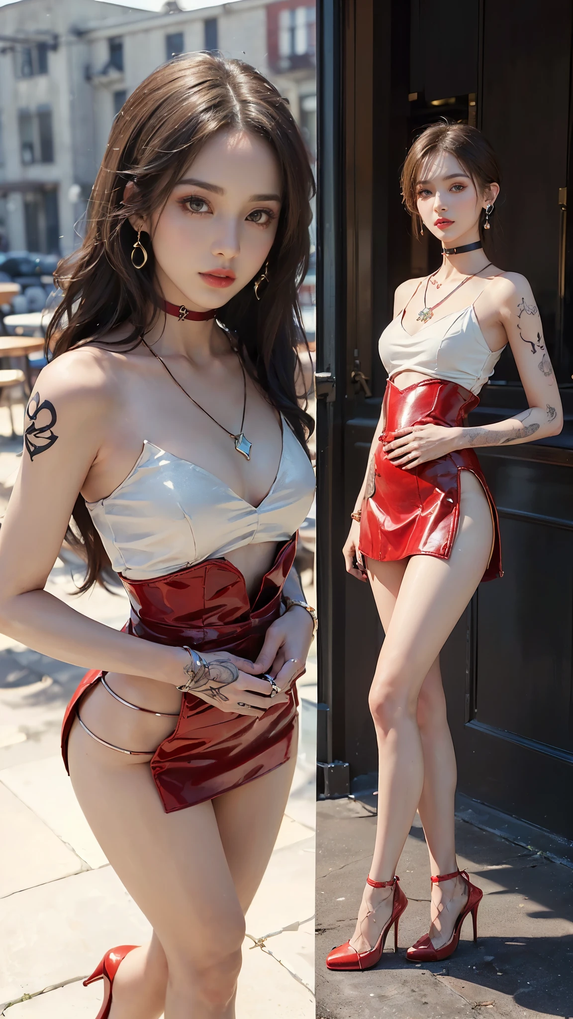 ((masterpiece:1.4)、(Highest quality:1.4)、(Realistic:1.7))、Masterpiece:1.4、(Top-notch rendering:1.4)、Super Beautiful Girl 5、Ultra-Realistic Portraits、((1 Girl:1.4))、Shiny natural skin texture、(Fashionable outfits:1.4)、(Sexy red corset:1.4)、(Sexy Mini Skirt Costume:1.4)、(An outfit that emphasizes beautiful breasts:1.4)、Attractive girl、19 years old、(Cute Tattoos:1.4)、(Perfect female body:1.4)、(Girl portrait photography:1.4)、8K、(Photorealistic images:1.4)、(Standing:1.4)、(Upper body photo:1.4)、Fantasy art、Soft front light、(Beautiful Face:1.4)、Beautiful breasts、Large Breasts:1.2、sexy ass、Detailed eyes、Beautiful and attractive eyes、Beautiful Eyes、(Beautiful girl with a slim waist:1.4)、(Narrow waist:1.4)、(9-body proportions beautiful girl:1.4)、(A beautiful girl with long legs and a good figure:1.4)、Beautiful feet:1.2、Raw photo、Red lips、Red high heels、(choker:1.4、necklace:1.4、Earrings:1.4)
