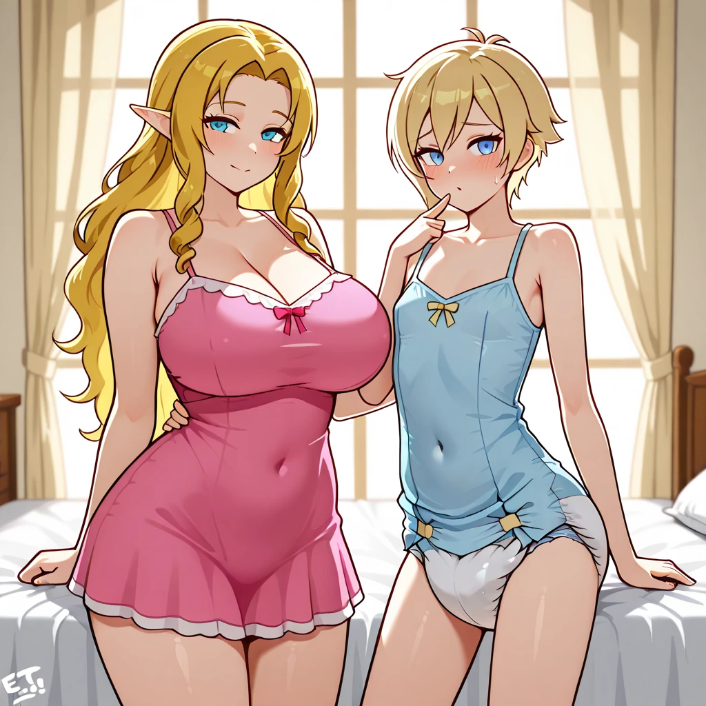 ((2 girls:1.3)), lesbian, (detailed face), (long ginger hair), Blue eyes,(fox ears:1.1), ((white wedding dress)), orgasm, (big breasts:1.3), blush, (fullbody), sexy pose, (cum:1.5), ((one girl grabbing her underboob from behind:1.3)), only two hands, (fucking each other:1.3), open legs
