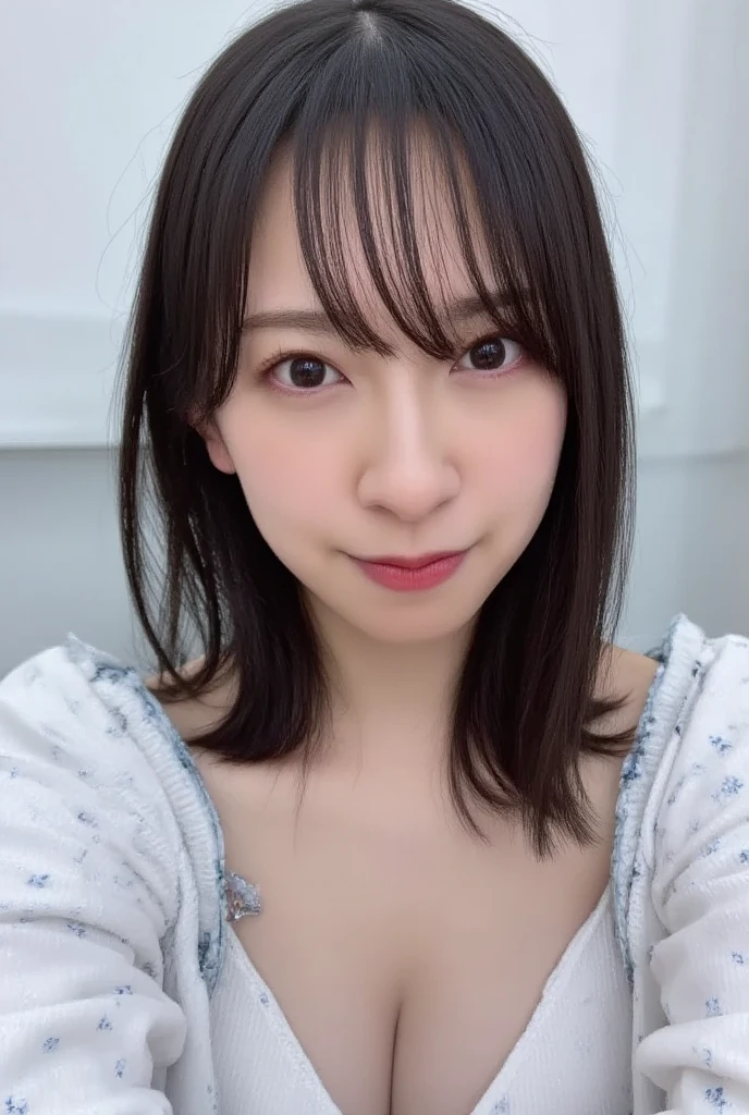 Japanese women、40 years old、(Selfie style:1.2)、Upper body projection、Black Hair、Random Hairstyles、Loose and fluffy hair、narrow eyes、No makeup、Professional and delicate black eyes、Delicate skin、Rough skin、Random and delicate modern home interior background、Random Face、(Casual clothing:1.5)、(Random Faceつき:1.7)、dry skin、Busaic face、Low image quality、Delicate skin質、