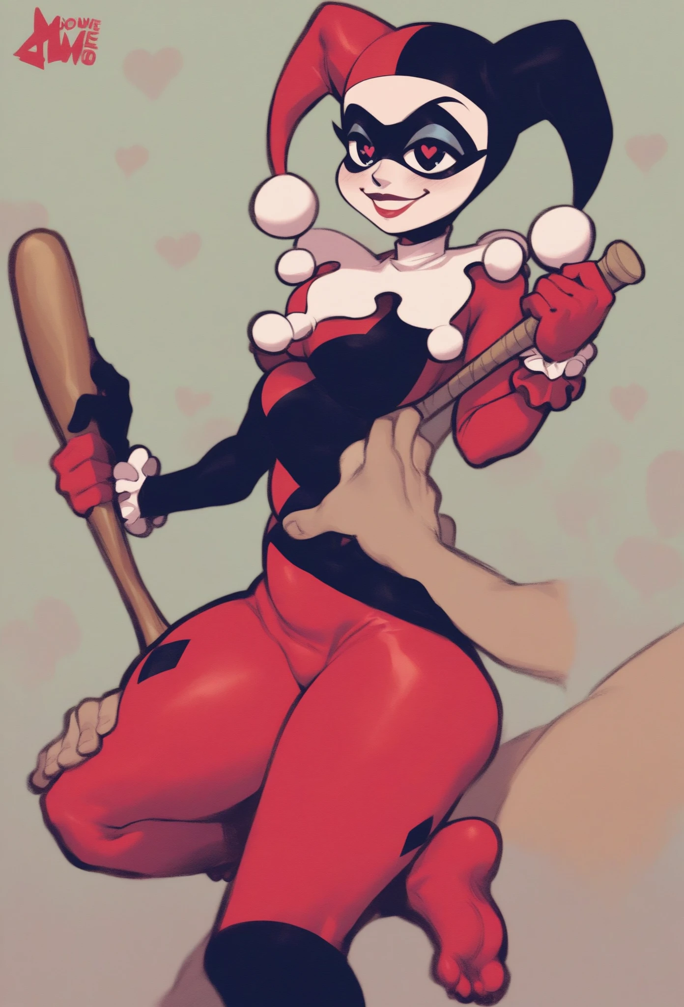solo, 1female, harley quinn, pale skin , black n red outfit, sexy body, tall and skinny, farting, massive ????, yellow smoke rising, relieved face, blush, alone in park, heart signs