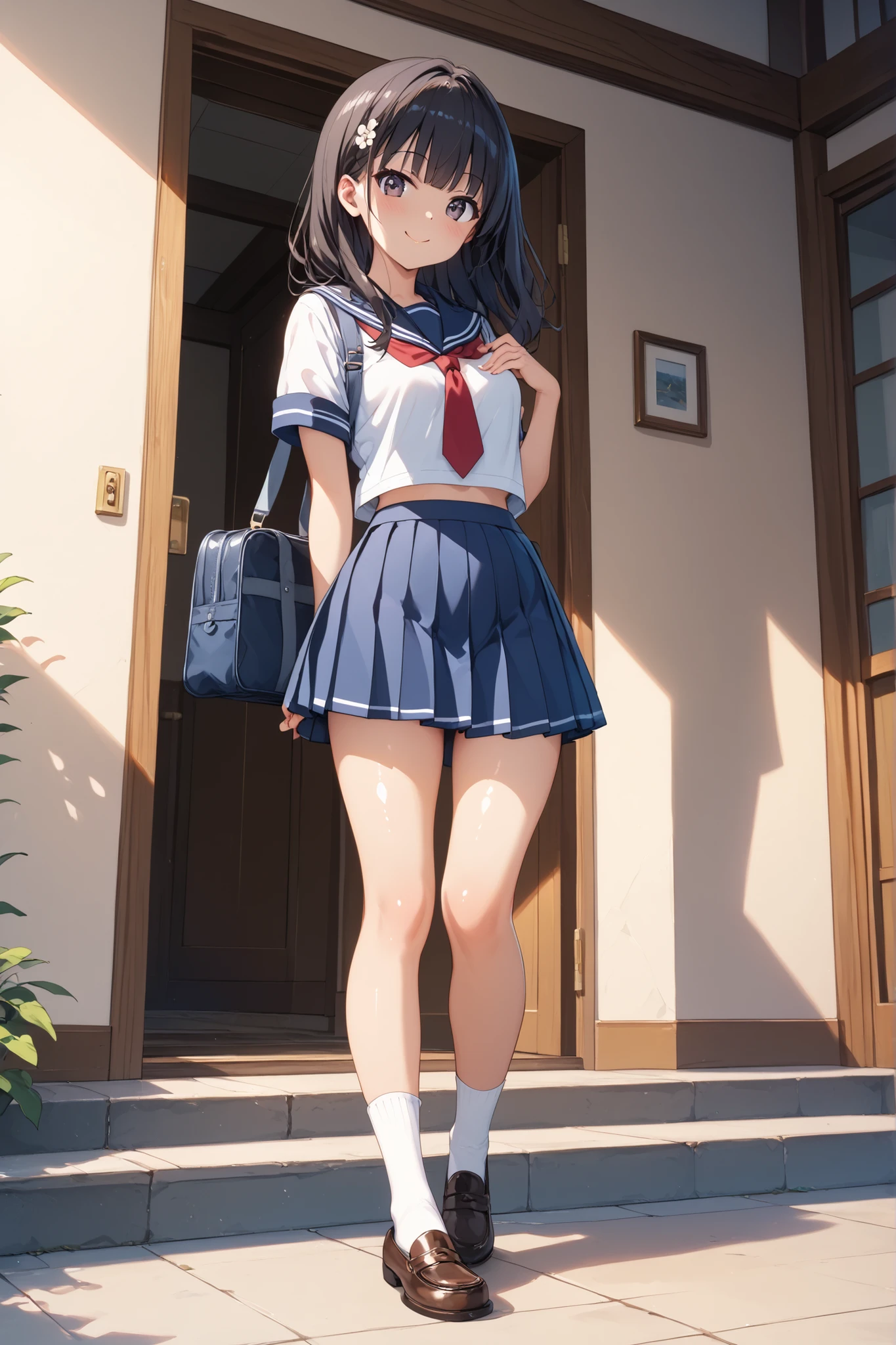 (((NSFW))), ((best quality)), ((masterpiece)), ((detailed)), (((perfect face))), (((slender 18yo teenage girl))), ((((medium breasts)))), ((((topless)))), ((((dark blue pleated skirt)))), ((dark brown hair)), ((short ponytail)), (((blue eyes))), ((shy:1.3)), ((blushing:1.5)), (((bare chest))), ((bare stomach)), ((bare shoulders)), (((bare arms))), ((((suburban backyard, fence, windows)))), (((standing))), (((shy arms))), (((girl looking away))), (((open front door))), ((((detailed background)))), ((((knees))))