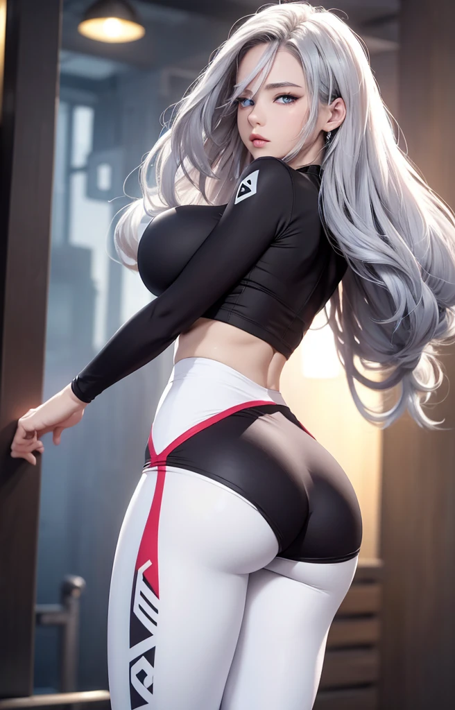 realisticlying,A high resolution,1个Giant Breast Girl,White wavy curls,korean people,Heterochromic eyes,Little moles under the eyes,Loose white shirt,Yoga pants for,,long leges,Tight abs,Sexual lip biting