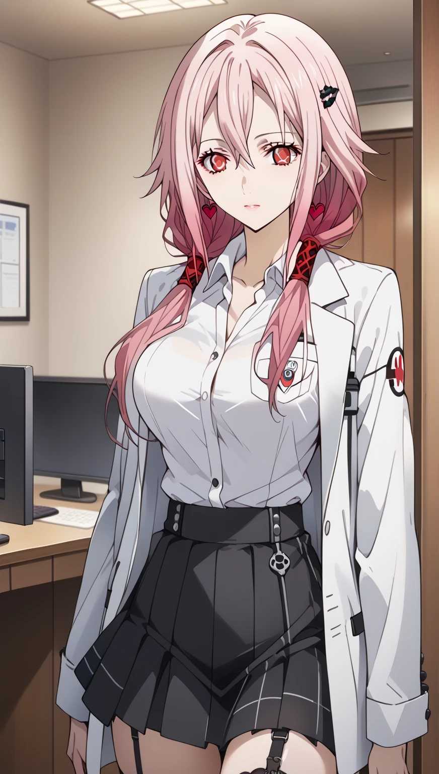 score_9_up, score_8_up, score_7_up, source_anime, 1girl, pink hair, long hair, red eyes, ponytail, expressionless, large breasts, ribbed sweater, turtleneck sweater, lab coat, glasses