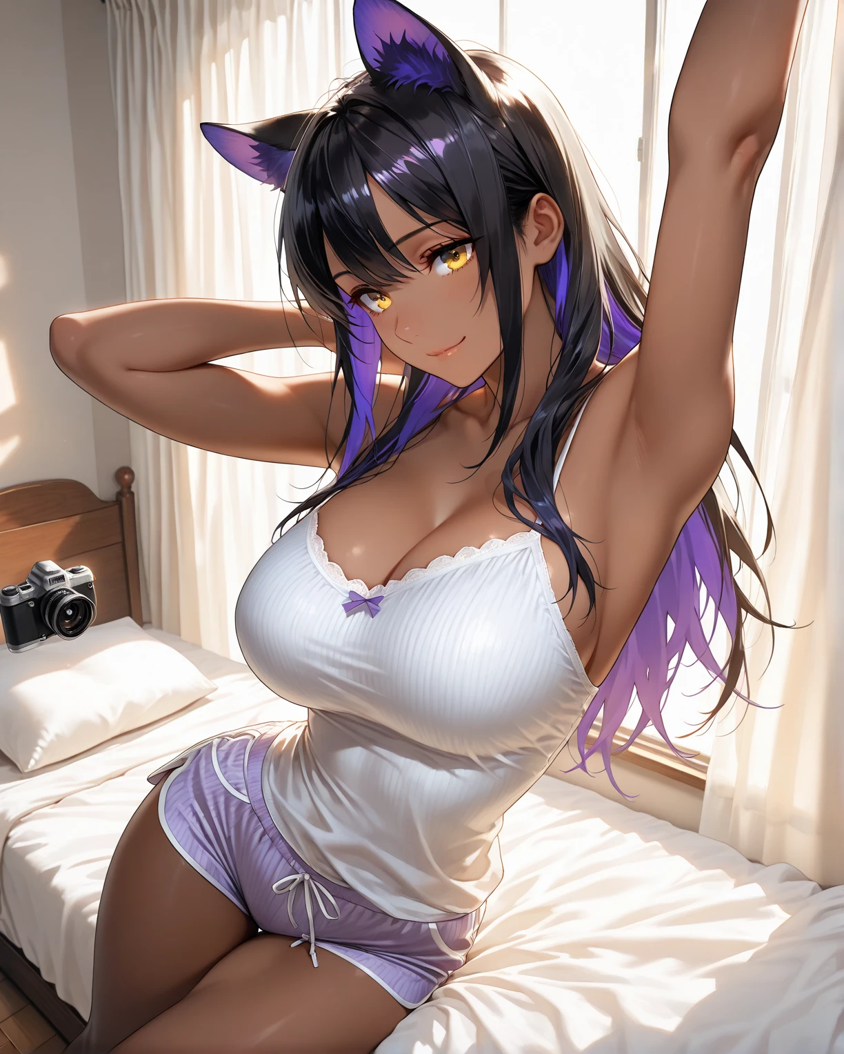 An adult woman waking up and stretching on bed, white nightie, oreilles de chat, Cat tail,; Dark and Purple hair, curved long hair, poitrine normale, Cute, Avatar de seconde vie, Nice screenshot, Femme seduisante vue complète du corps, High quality, very detailed skin