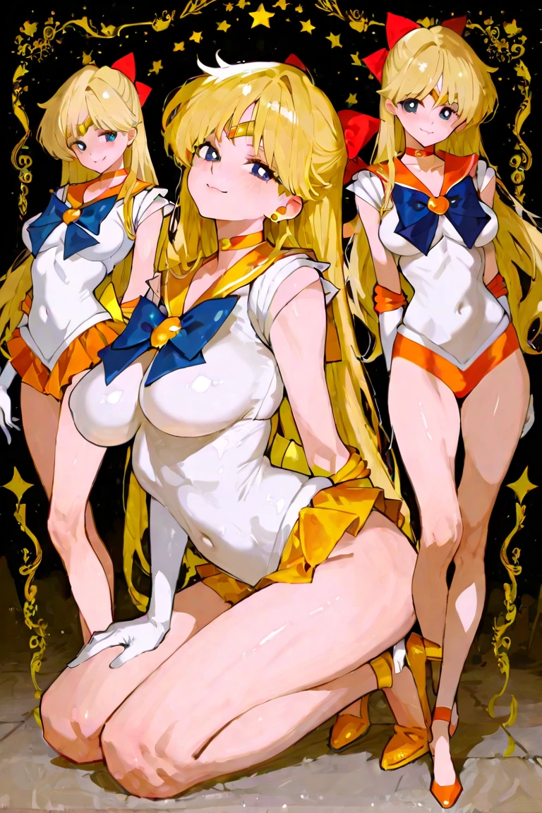(a girl with sailor moon style),illustration, vibrant colors, magical atmosphere,sparkling eyes,long blonde hair,anime art,smiling expression,cute pose,cosmic background,moonlit night,fantasy world,sparkling stars,stylish outfit,tiara,moon scepter,heart-shaped brooch,wavy hair,flowing ribbons,powerful magical aura,moonlight shining on her,shimmering details,glowing transformation sequence,peaceful and confident,sailor guardian of love and justice,inspired by the iconic anime series.