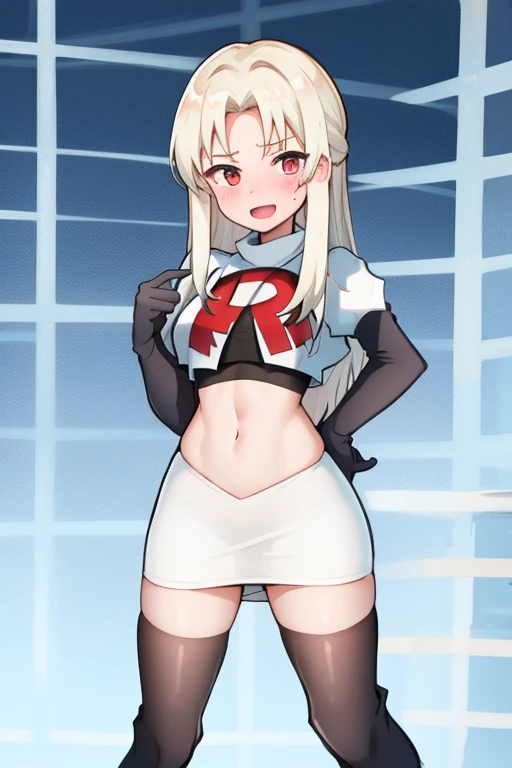 a girl with long hair, looking at camera, slime girl, cinematic lighting, red eyes, seductive look, transparent body, team rocket,team rocket uniform,white skirt,crop top,black thigh-highs,black elbow gloves