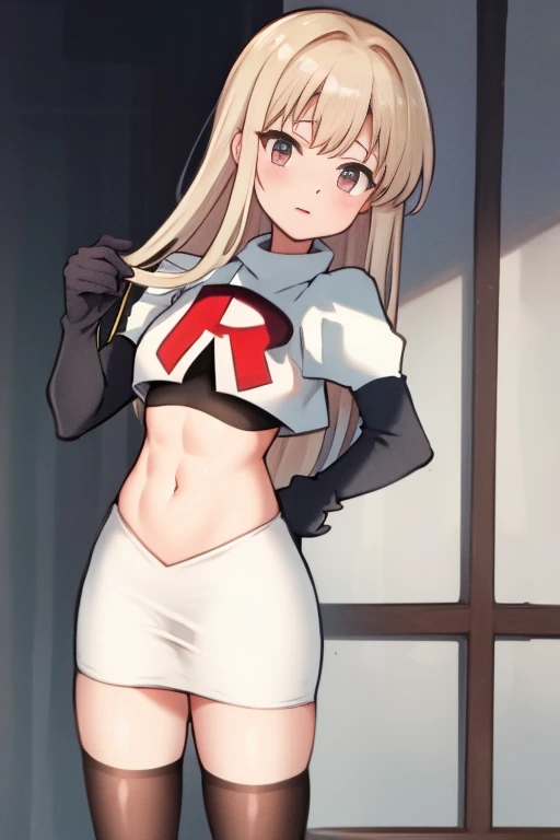 mythra \(xenoblade\), blond hair, yellow eyes, team rocket uniform, red letter R, white skirt,white crop top,black thigh-high boots, black elbow gloves, looking at viewer, cowboy shot, sexy pose, smile