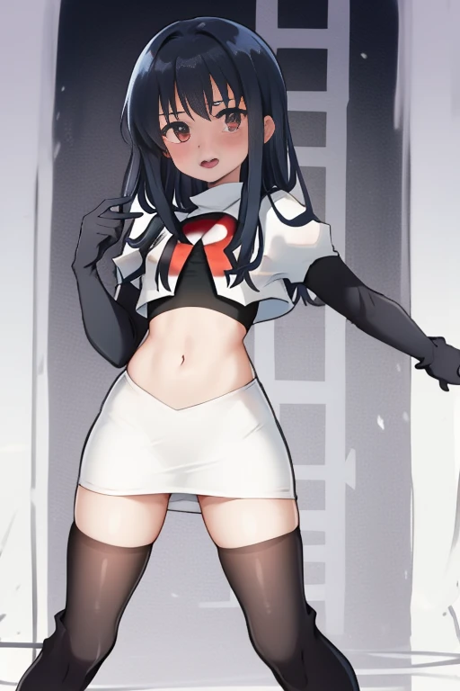 karyl,low twintails, twintails, cat tail,team rocket,team rocket uniform,white skirt,crop top,black thigh-high boots,black elbow gloves,