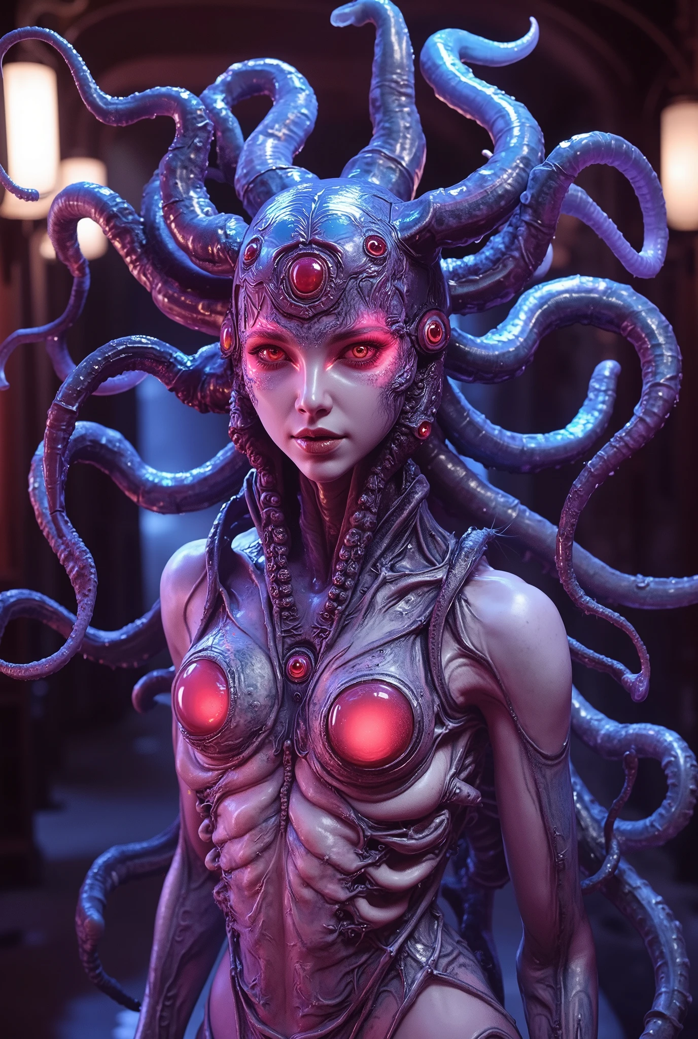 (1 beautiful and obscene female alien:1.4), (There is a female genital-like organ in the middle of her forehead:1.95), She has medusa-like hair, (there are lots of translucent tentacles from her head like her hair:1.5), (vulgarity1.7), (she is looking at viewers with glowing red eyes with no pupils:1.6), (She has translucent pale skin:1.4),(She has the most beautiful face in the history of the universe:1.2), (She has multiple bioluminescent organs on the side of her tentacles:1.4), (Her body is covered with an iridescent exoskeleton:1.4), (She is showing her arm pits:1.6), an evil gaze that seduces, (looking down at viewers:1.4),(Vampire-like long canine teeth can be glimpsed through the gap between the cute lips:1.4) (bio luminescent:1.4), (Smile wickedly:1.3), (sexypose:1.4), alien, No humans, cells are fused, extraterrestrial, cell, bio image, ultra high resolution, (photos realistic:1.7), (Numerous award-winning masterpieces, with incredible detail, textures and maximum detail), Dramatic Lighting, cinematic quality, (exquisite details:1.2), High freshness, drawing faithfully, (Thick eyebrows:1.2), Beautiful eyes with fine symmetry,(Highly detailed face and eyes:1.2),(Super detailed skin quality feeling:1.4), perfect anatomy, (Beautiful toned body:1.5), (Moist skin:1.2), not wearing makeup, (dark circles:1.1), long canines, cinematic drawing of characters, cinematic quality, (exquisite details:1.2), high resolution, High freshness, drawing faithfully, official art, Unity 8K Wall paper, ultra detailed artistic photography, midnight aura, unreal engine 5, Ultra Sharp Focus, art by Amano Yoshitaka, ArtGerm, ultra realistic realism, dream-like, Creation of fantasy, dream Snail, (biopunk nautilus:1.3),Thrilling color schemes, seductively smiling, Amazing mutation, well-proportioned body, goddess of the deep sea, fractal, Geometric pattern, impossible figures, subtle emerald green accents, (expression of ecstasy:1.4)