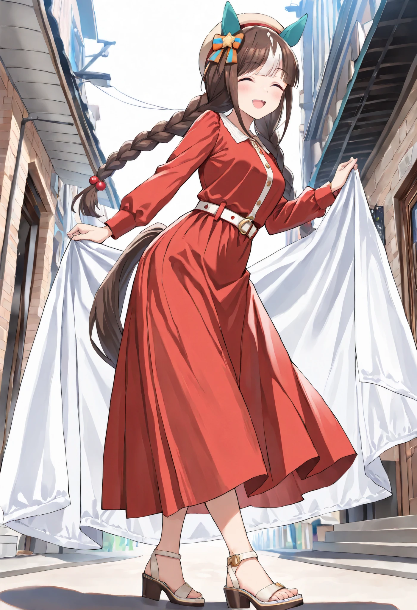 (masterpiece, best quality, perfect face:1.4), wide angle, hokko tarumae \(umamusume\), 1girl, horse ears, ear cover, swin braids, hat, horse tail, tail on the lower back, proportional body, proportional, beautiful hair, beautiful face, beautiful detailed eyes, beautiful clavicle, beautiful body, beautiful chest, beautiful thigh, beautiful legs, beautiful fingers, looking at viewer, BREAK, ((long red dress with long sleeves)), red long sleeves, ((red long skirt that covers the legs,)), ((widewhite belt)), gold buckle, high-heeled white sandals, BREAK, blush happy smile (open mouth), one eyed closed, textured skin, realistic skin, HDR, BREAK, good hands,