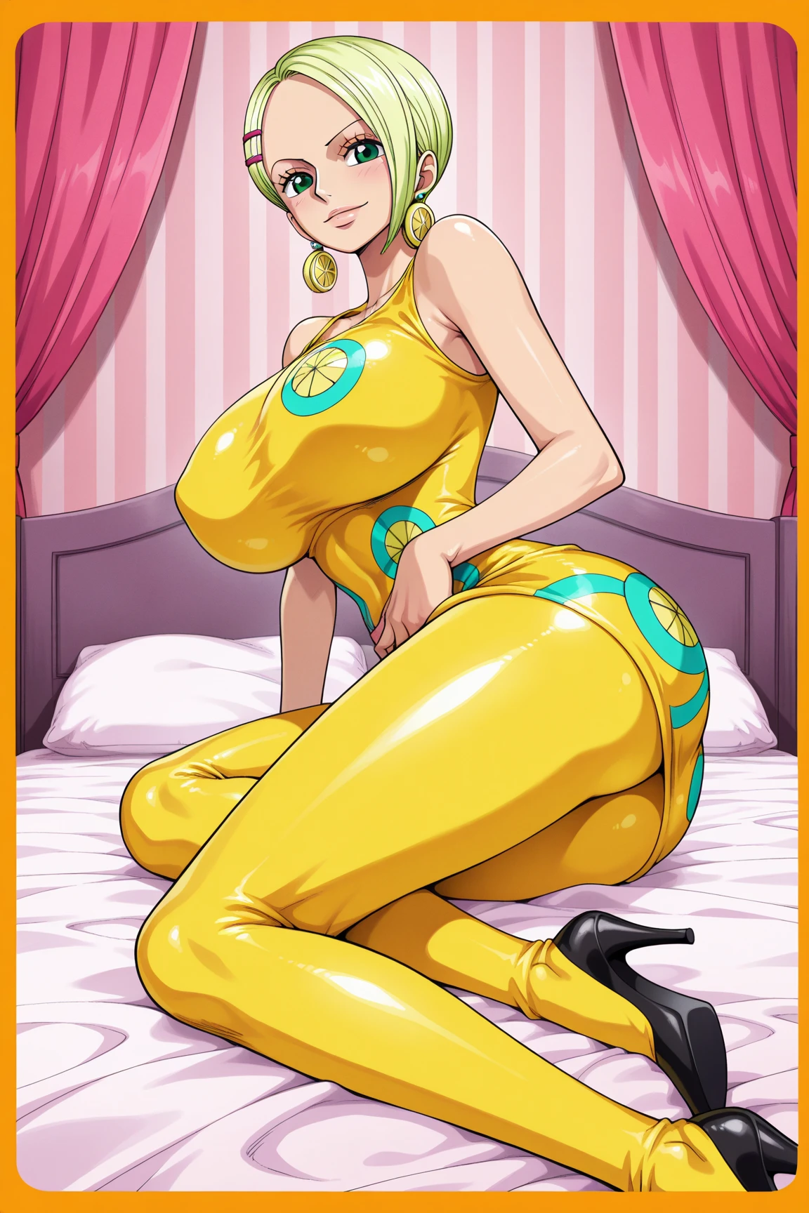 ((super high quality,Ultra-high resolution,16K,super masterpiece,Ultra HD ,Detailed shading))Full body photo,Dark Room,Lying on the bed,Sexy woman,Cleavage,Yellow jumpsuit,White belt at waist,popped Tight collar,sexly,smile,Ahegao,blush,Sweaty,Drooling,A microphone covered in love juice,Love juice overflows from the crotch,