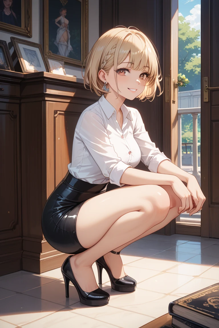 Masterpiece, top quality, one, 22 year old woman with small back, solo, (blonde bob shortcut), big, (golden eyes), best smile, white blouse,, black skirt, residential area, squatting and legs open, knees up, one leg open to the side, red cheeks