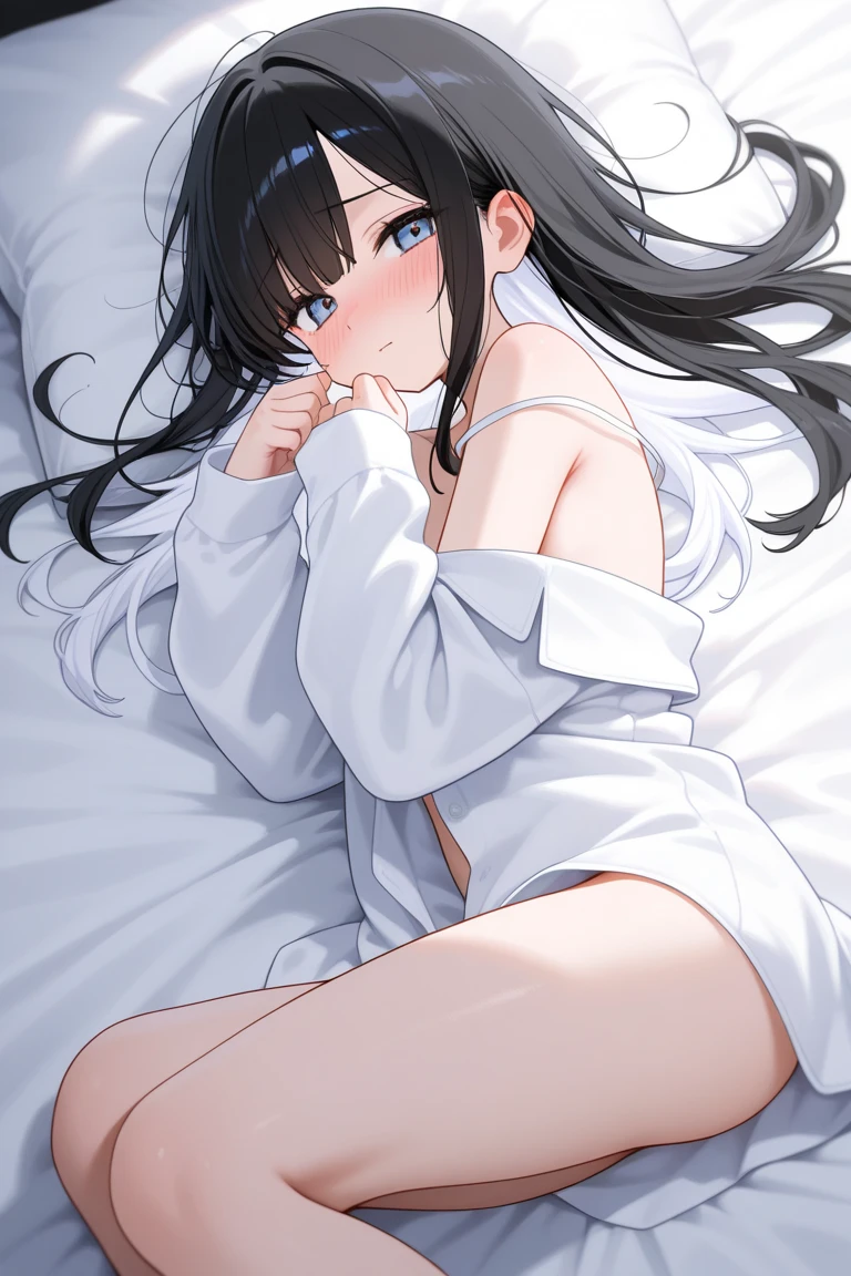 (absurderes、Absolute resolution、incredibly absurdness、hight resolution、ultra-detailliert:1.0、Official art)、master piece, Sharp Focus ,Delicate Beautiful Hair and Eyes and Face, Lifelike, Hyper-detailing, a matural female, Dynamic Hair, slender,pale skin, Wearing a white collard shirt, ((Wearing white panties)), natural(Colossal tits:1.2), exposed breast,Side,((The areol)),(teats), Beautiful cute woman,(((cum on the body))),((Bukkake)),(Delicate jet-black hair),(length hair),Delicate dark blue eyes, is crying, , Frightened look,(Lying face down on the bed), Lying face down, (Hug a pillow),((profile)), Buttocks,,buttock,Angle from diagonally behind,Buttocks seen from behind