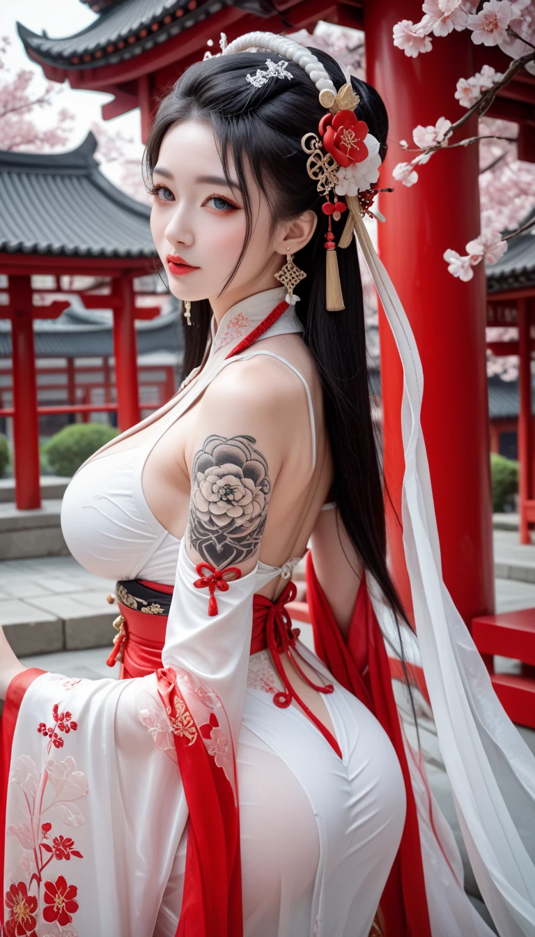 Highest quality, masterpiece, Ultra-high resolution, (Realistic photos:1.4), Surrealism, Similar to a dream,Fusion Art, The Goddess is Coming, Japanese God々, Beautiful Benten, Controlling the White Snake, Large Breasts, Muscular, Cherry blossoms fluttering, Shrine torii gate,