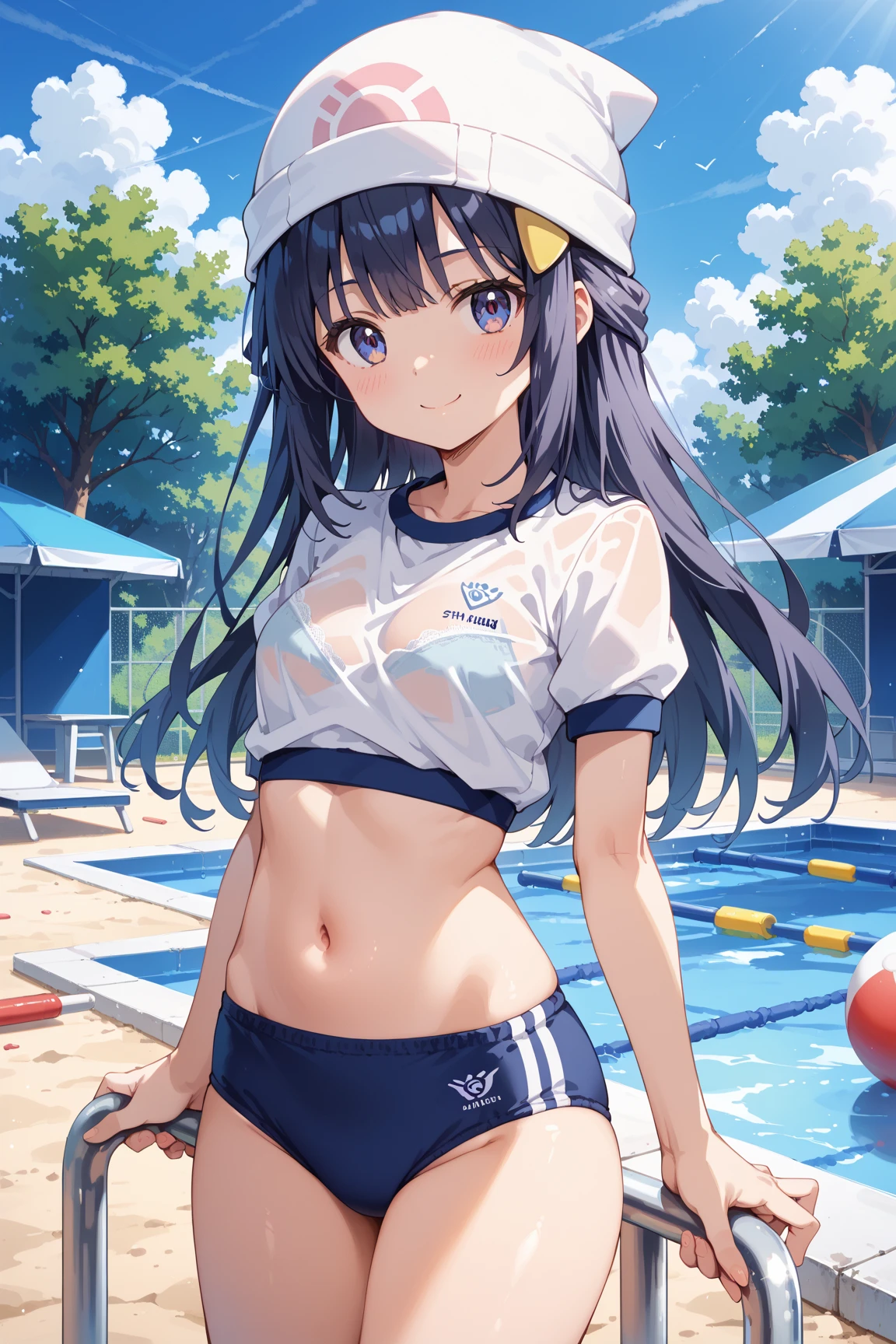 <lora:XL_dohna dohna style-000008:1>,dohna dohna style,1girl,solo,long hair,skirt,black hair,tied shirt,shirt,hand on hip,necktie,navel,bag,smile,brown eyes,bikini,simple background,swimsuit,blue background,school uniform,bottle,looking at viewer,pleated skirt,breasts,front-tie top,midriff,hair ornament,school bag,collarbone,blush,water bottle,hairclip,see-through,cowboy shot,open shirt,bikini under clothes,black skirt,, masterpiece, best quality,