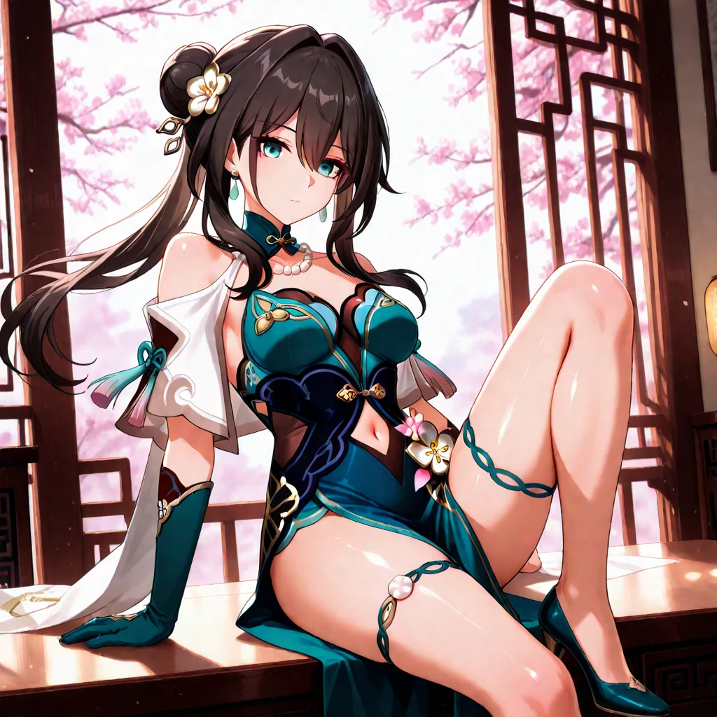 anime girl with long 2 pigtails hair, detailed key anime art, anime girl with black hair, shadowverse style, Using a white mixed blue Chinese mini dress, blue stocking, Kicking style, in the bamboo tree, blue eyes, masterpiece, UHD,